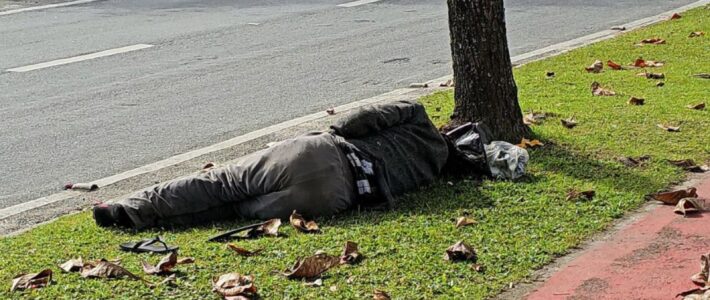 Pessoa em situação de rua deitada na grama, encostada em uma árvore, próxima a uma ciclovia e a uma avenida em Florianópolis. Ao fundo, há carros parados no semáforo.